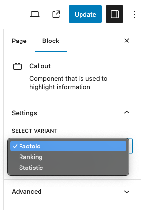 Dropdown menu of Callout variants