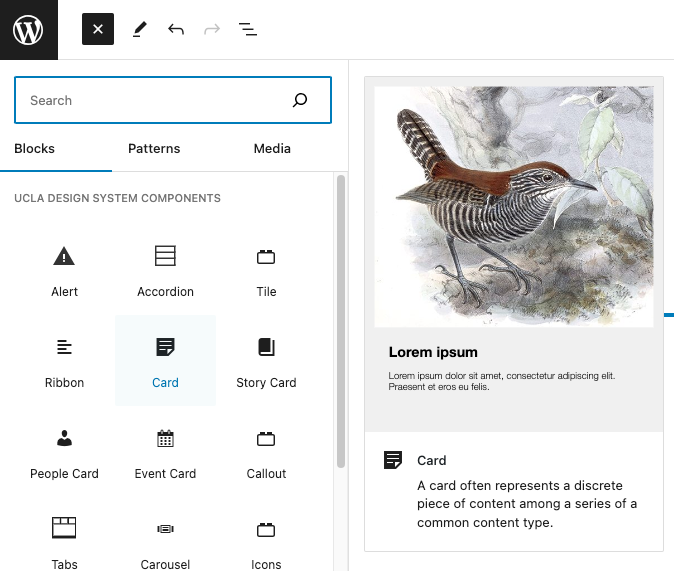 Screenshot of WordPress page editor add block left sidebar with Card highlighted.