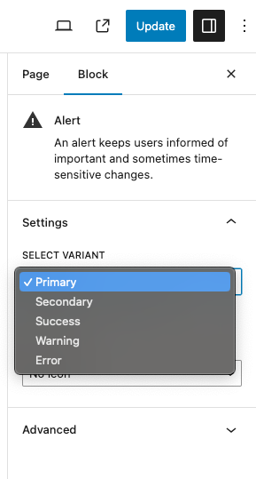 Dropdown menu of Alert variants