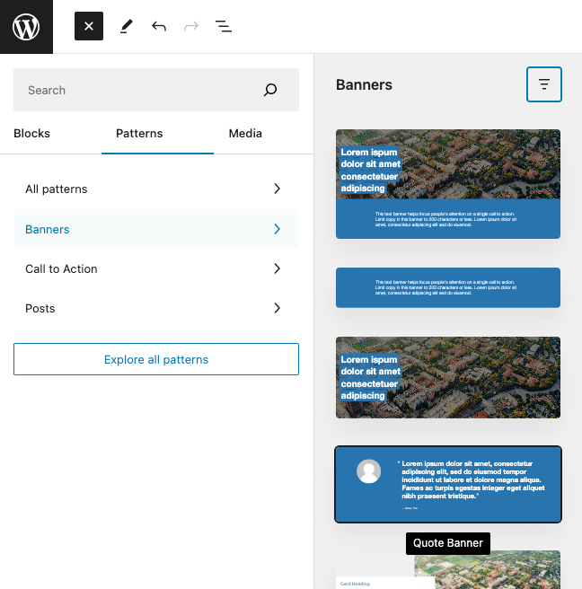 Screenshot of WordPress page editor add pattern left sidebar with banners highlighted.