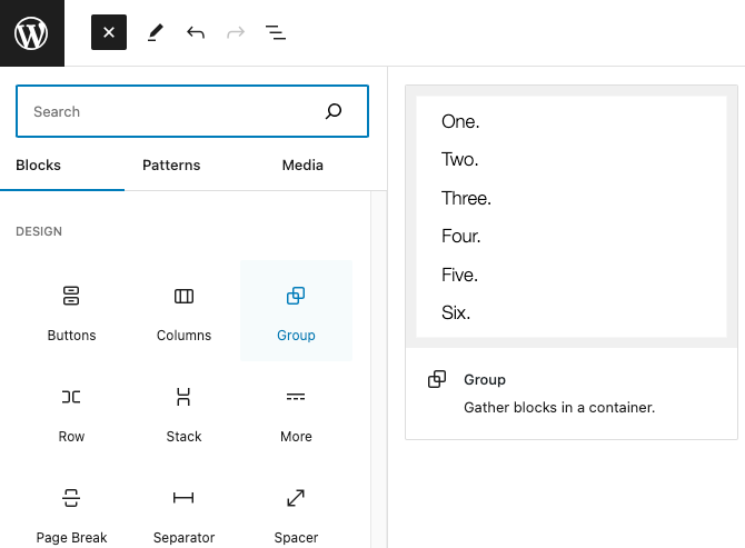 Screenshot of WordPress page editor with add block popup, Group block highlighted.