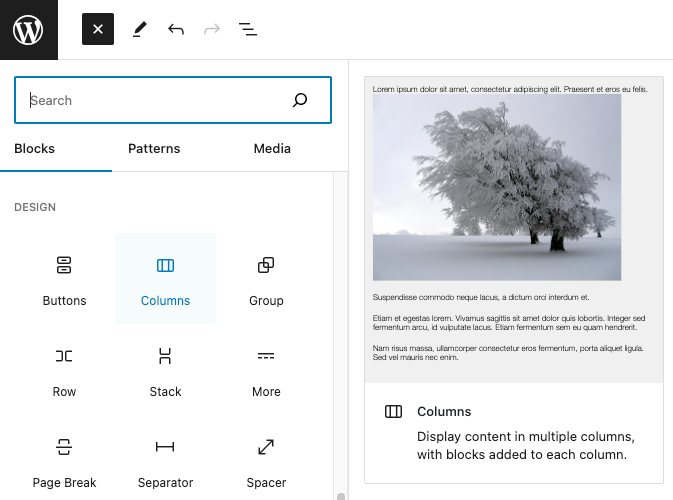 Screenshot of WordPress page editor with add block popup, Columns block highlighted.