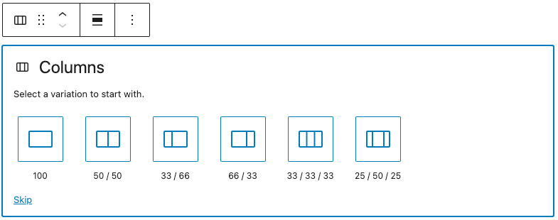 Screenshot of WordPress page editor with column block being added.