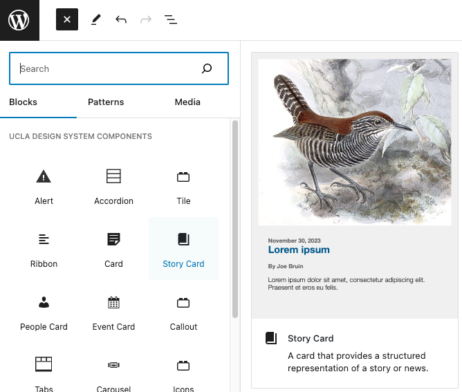 Screenshot of WordPress page editor add block left sidebar with Story Card highlighted.
