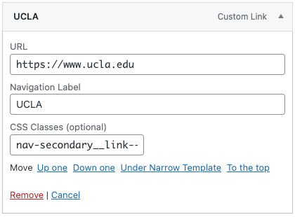 Screenshot of the WordPress custom menu link fields.