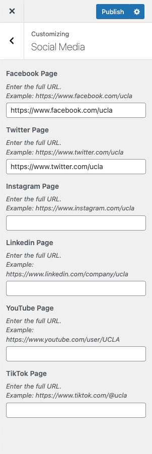 Screenshot of Social Media fields.