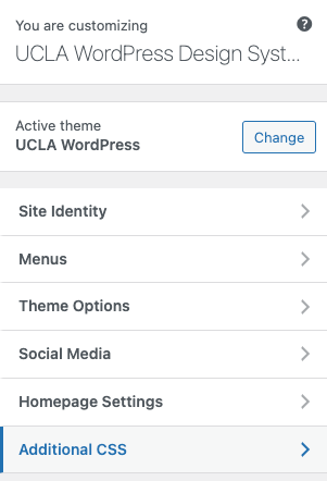 Screenshot of Customize menu with Additional CSS highlighted.