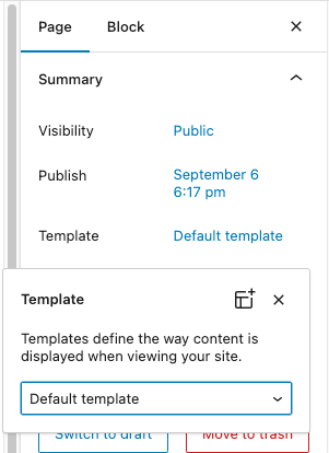 Screenshot of the WordPress page editor, left sidebar with template popup options, default selected.