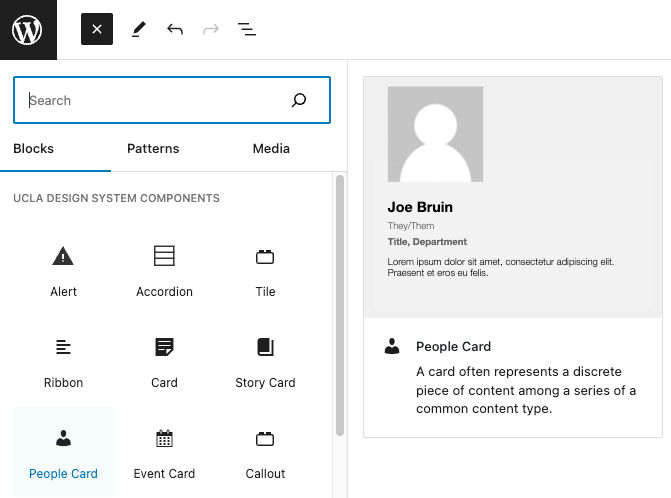 Screenshot of WordPress page editor add block left sidebar with People Card highlighted.