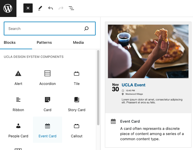 Screenshot of WordPress page editor add block left sidebar with Event Card highlighted.