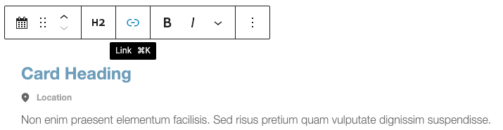 Screenshot of WordPress page editor linking a card block.
