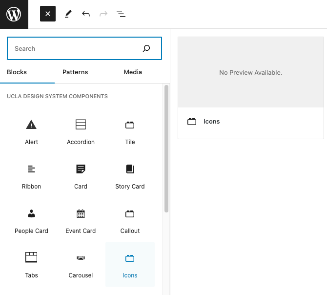 Screenshot of WordPress page editor add block left sidebar with Icons highlighted.