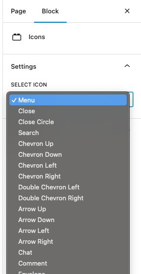 Screenshot of block options on right sidebar.