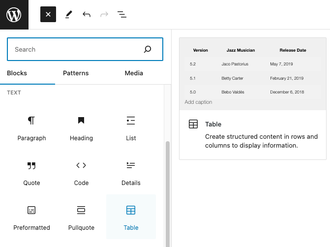 Screenshot of WordPress page editor add block left sidebar with Table highlighted.
