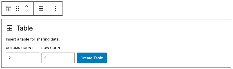 Screenshot of WordPress page editor adding a Table block.