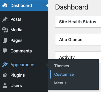 Wordpress dashboard with Appearance/Customize menus highlighted.