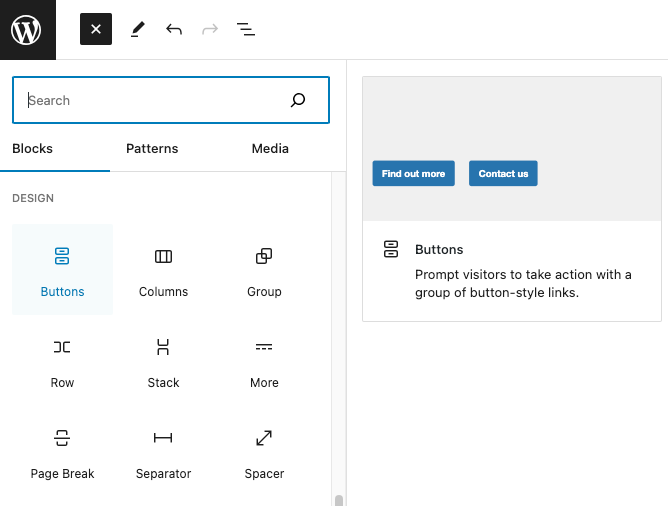 Screenshot of WordPress page editor add block left sidebar with Buttons highlighted.
