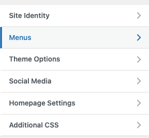 Screenshot of the WordPress Customize menu with Menus highlighted.