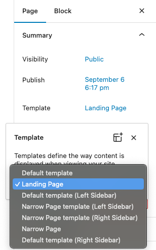 Screenshot of the WordPress page editor, left sidebar with template popup options, landing selected.