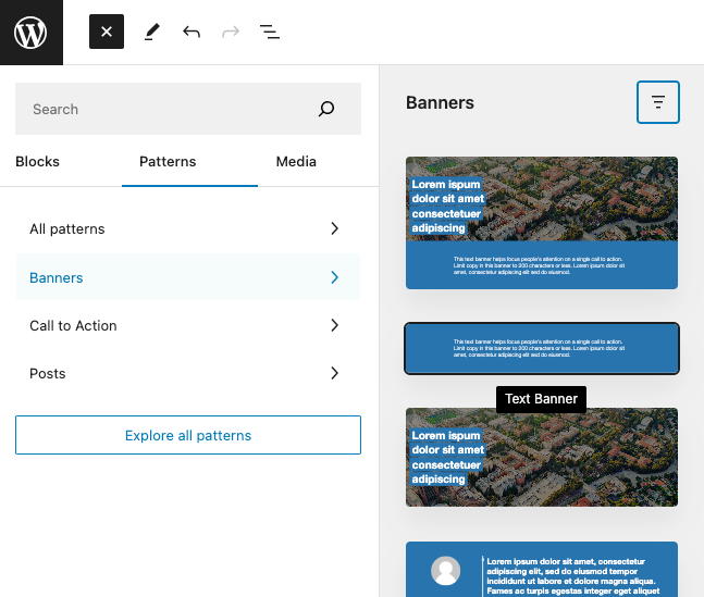 Screenshot of WordPress page editor add pattern left sidebar with banners highlighted.