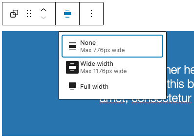 Screenshot of WordPress page editor with Text Banner width options.