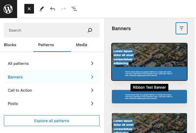 Screenshot of WordPress page editor add pattern left sidebar with banners highlighted.