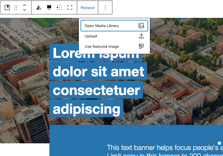 Screenshot of WordPress page editor with Ribbon Text Banner image editor popup.