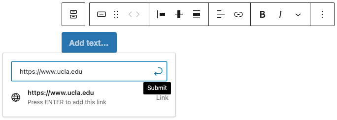 Screenshot of WordPress page editor adding a link to a button block, populated.