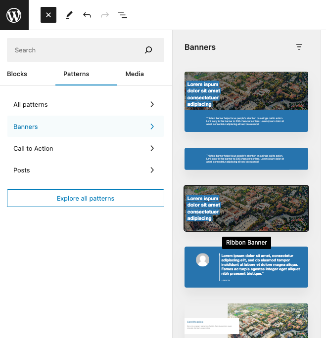 Screenshot of WordPress page editor add pattern left sidebar with banners highlighted.