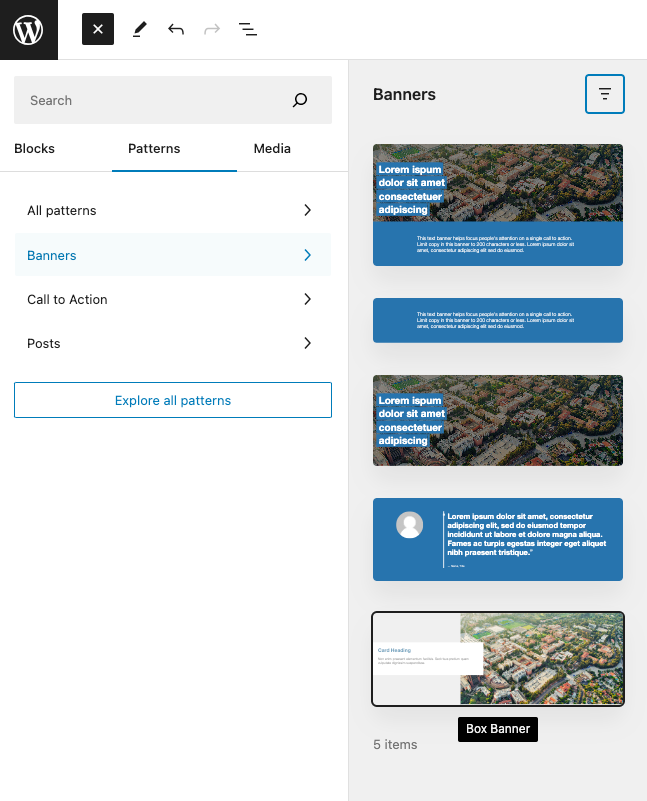 Screenshot of WordPress page editor add pattern left sidebar with banners highlighted.