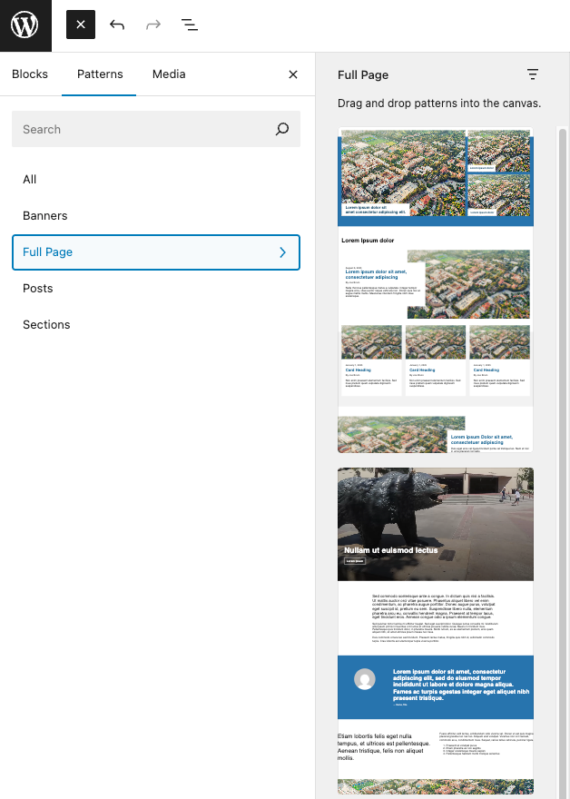 WordPress Block Patterns menu displaying Full Page templates.