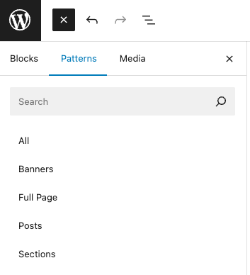 WordPress Block menu with Patterns selected.